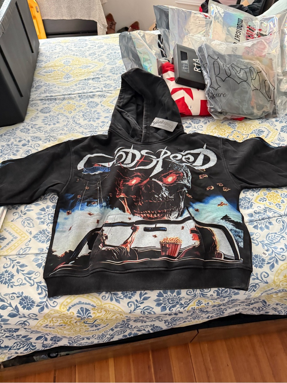Godspeed Men’s Black Graphic Skull Hoodie with Red Accent